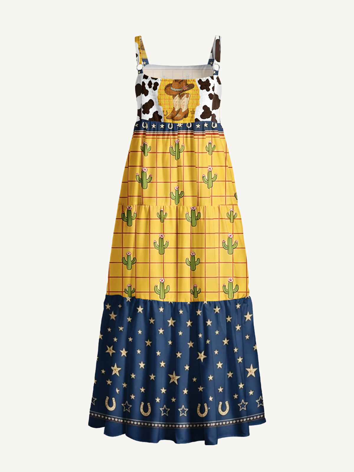 Western Cowboy Cactus Cow-Print Wide Straps Maxi Dress With Pockets