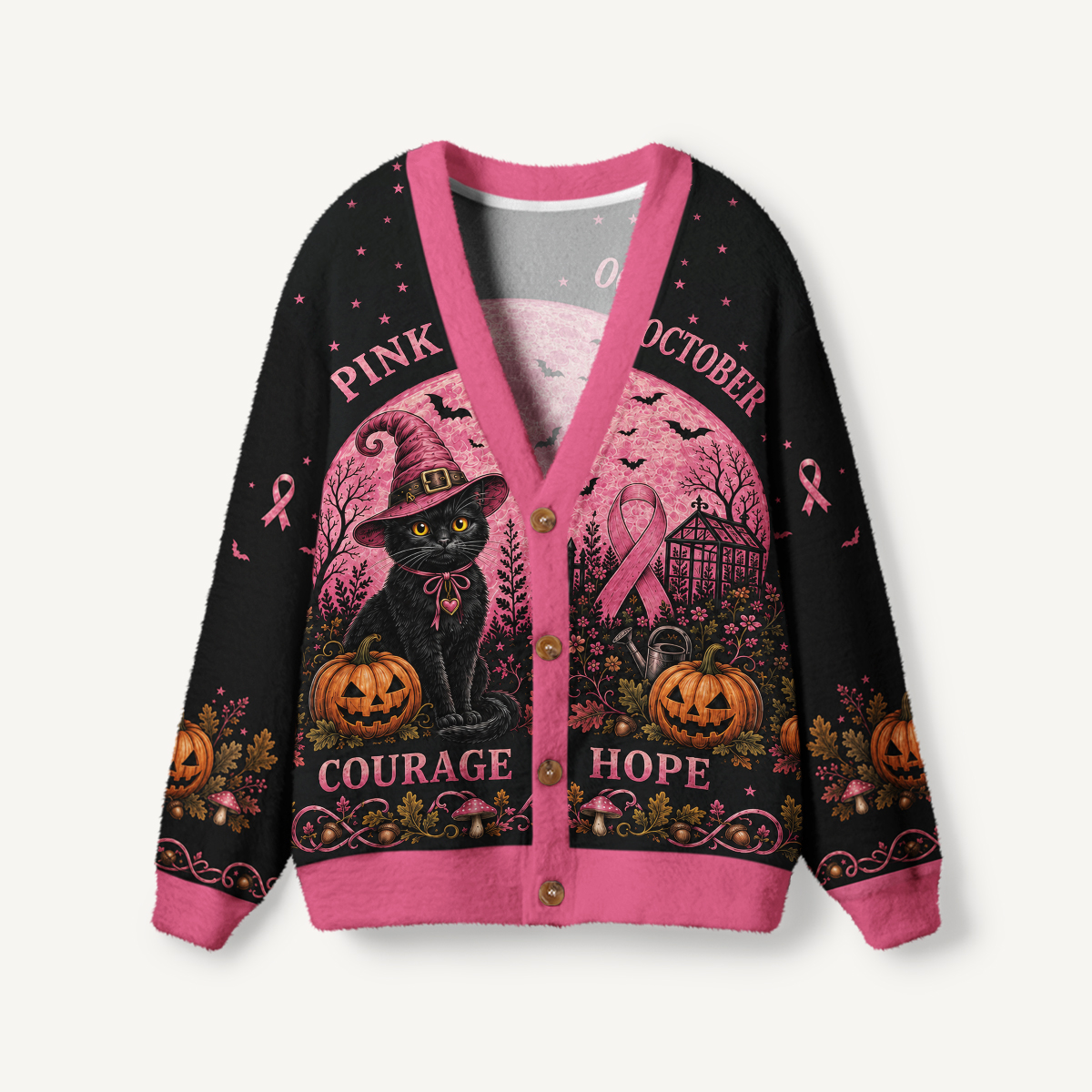 Pink October Courage Cat Print Ugly Cardigan Sweaters