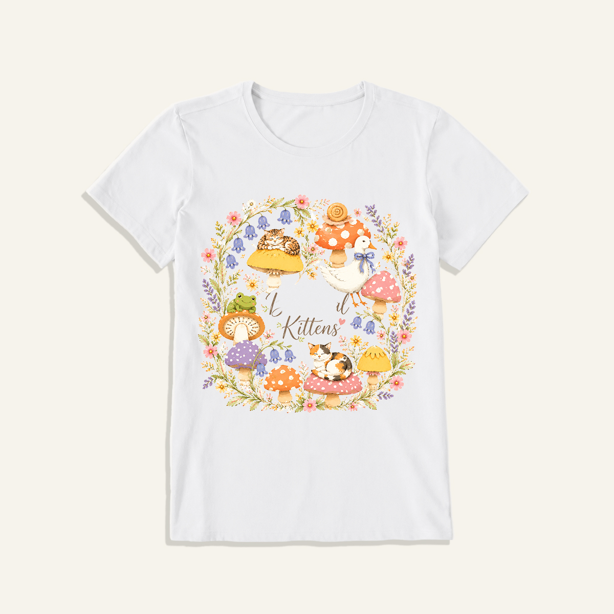 Botanical Kittens Mushroom Wreath Print Crew Neck Cotton Tee
