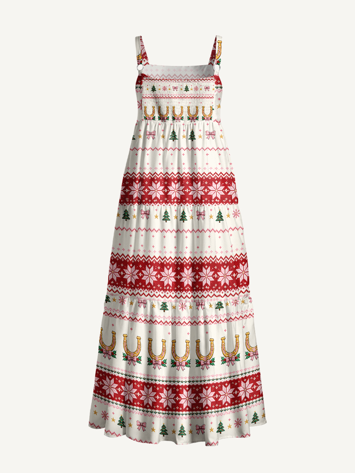 Lucky Horseshoe Christmas Fair Isle Print Wide Straps Maxi Dress With Pockets