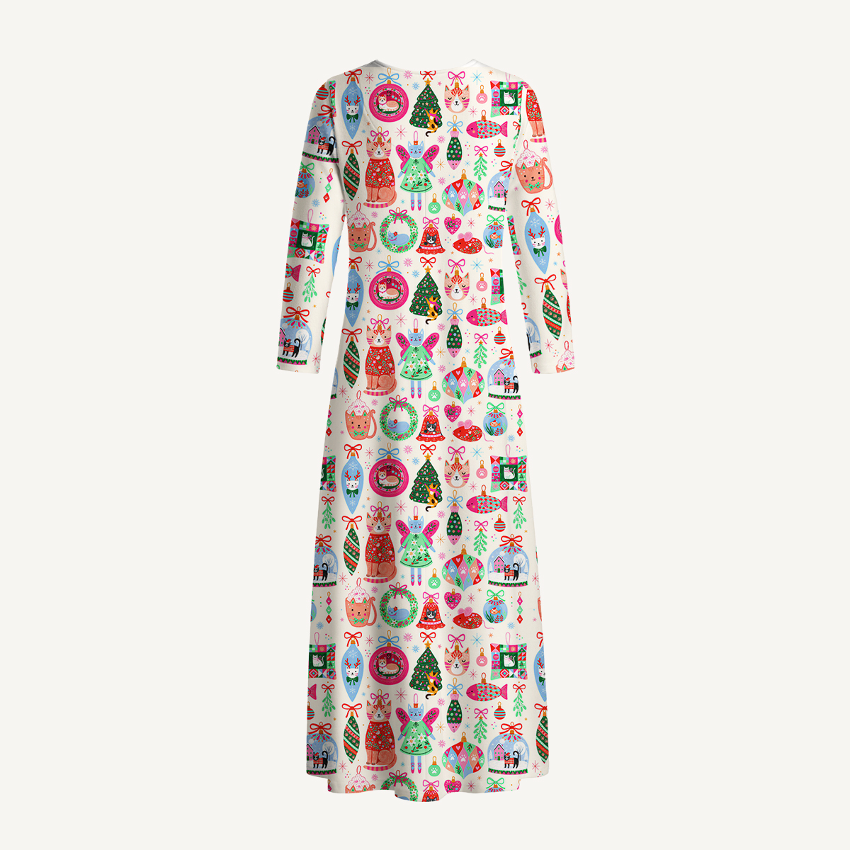 Christmas Cat Ornament Print Soft-Touch Stretch Knit Long Sleeve Maxi Dress with Pockets