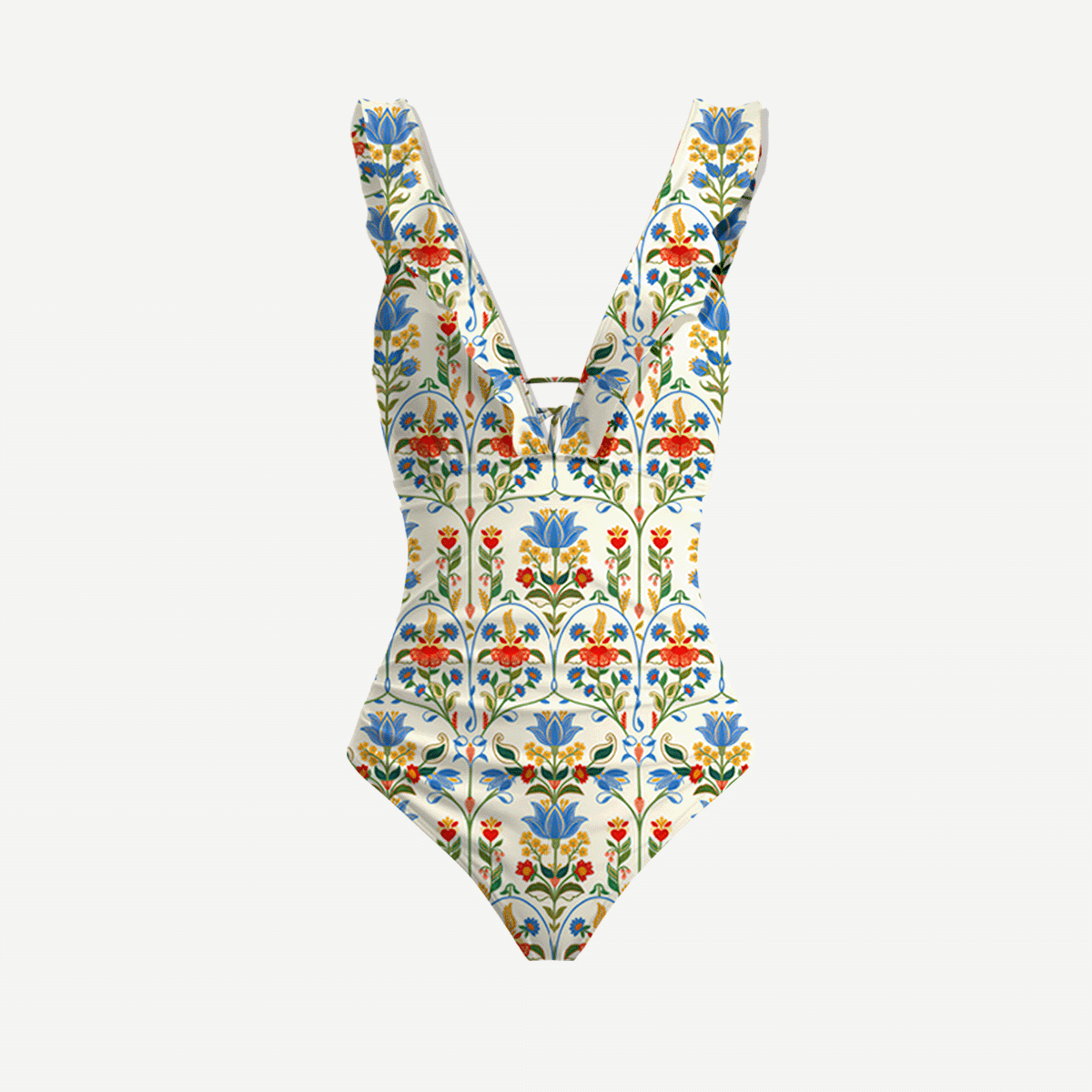 Folk Bloom Ruffled V Neck One Piece Swimsuit and Matching Midi Skirt Set