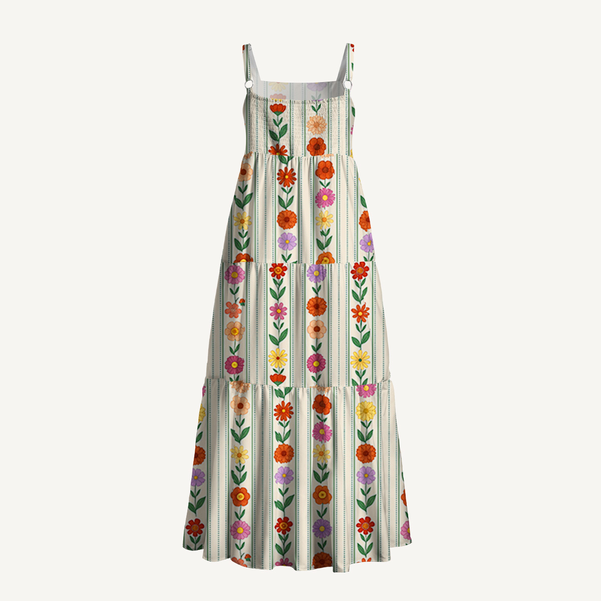 Vintage Vertical Floral Stripe Print Wide Straps Maxi Dress With Pockets