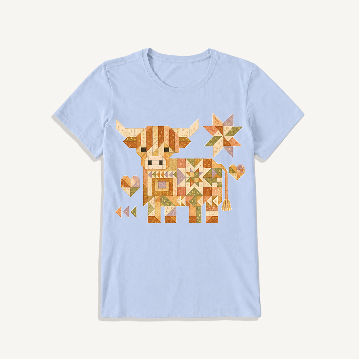 Highland Cow Quilt Art Print Crew Neck Cotton Tee