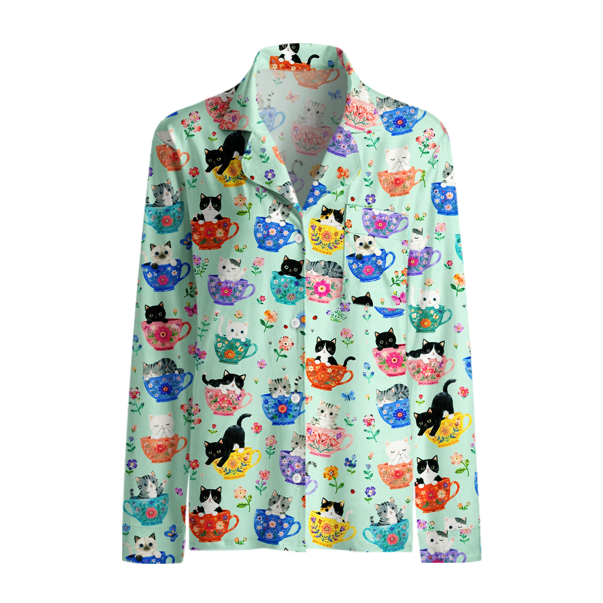 Cute Teacup Kitten Print Long Pajama Set 
