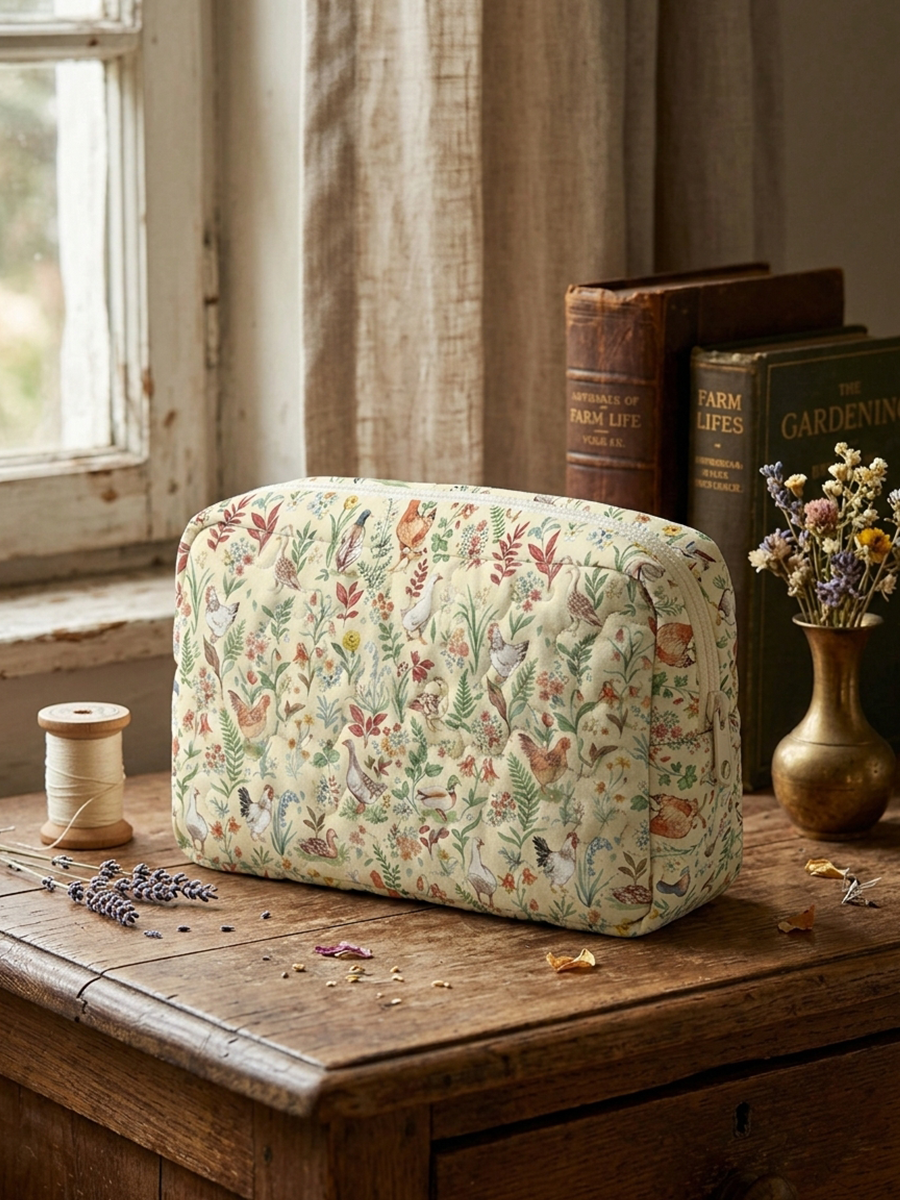 Countryside Garden Critter Print Cloud Quilted Cosmetic Pouch