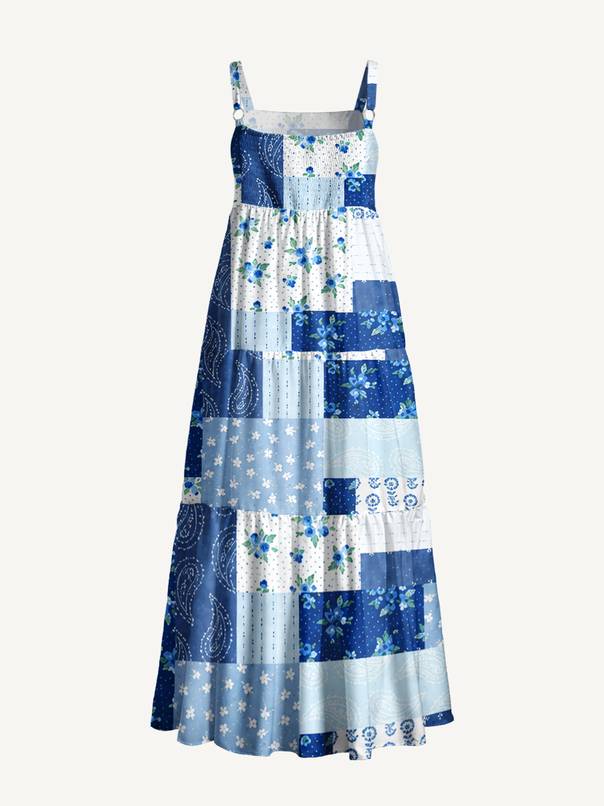 Blueberry Paisley Patchwork Print Wide Straps Maxi Dress With Pockets