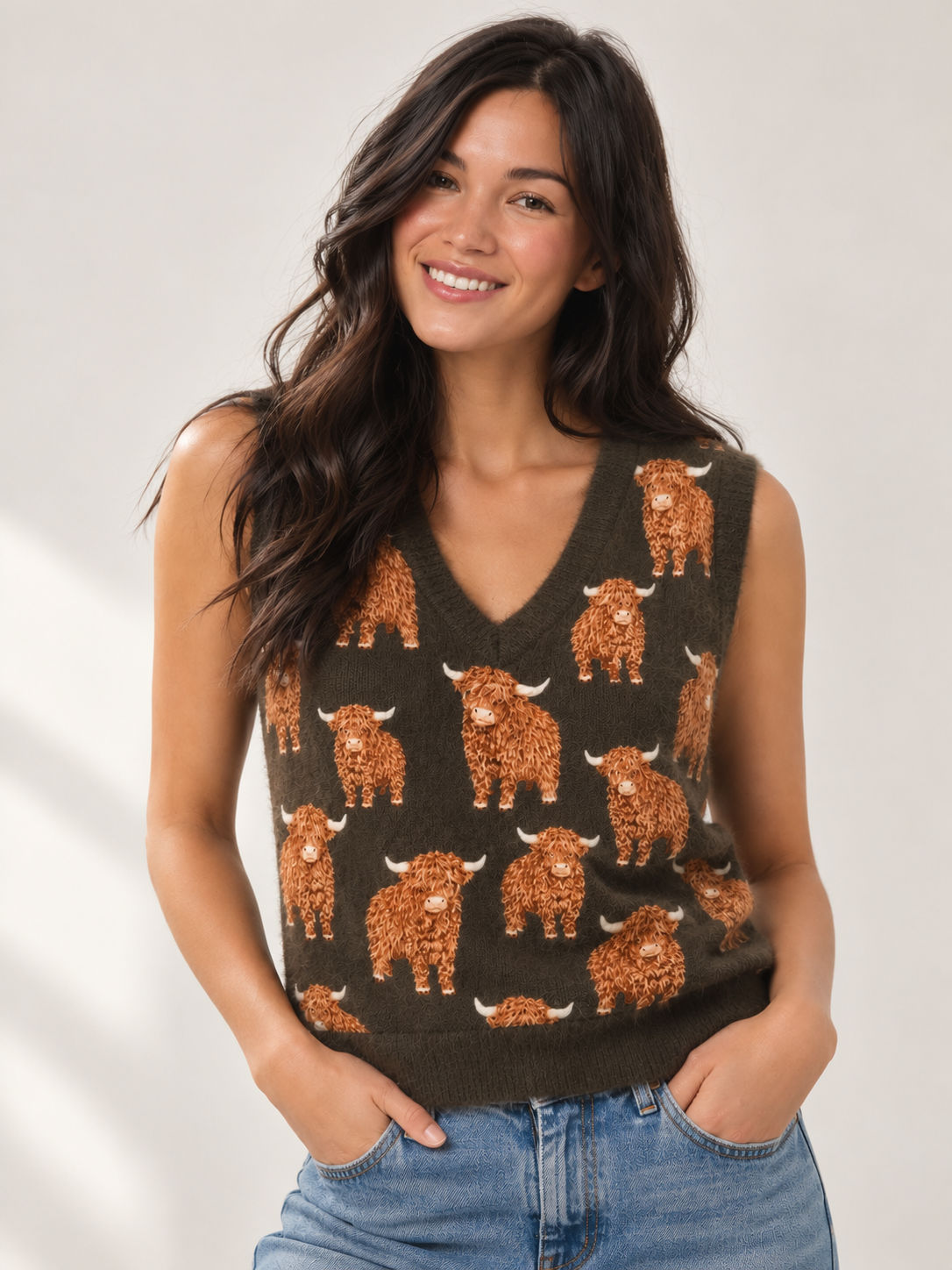 Fluffy Highland CowPrint V-Neck Sweater Vest