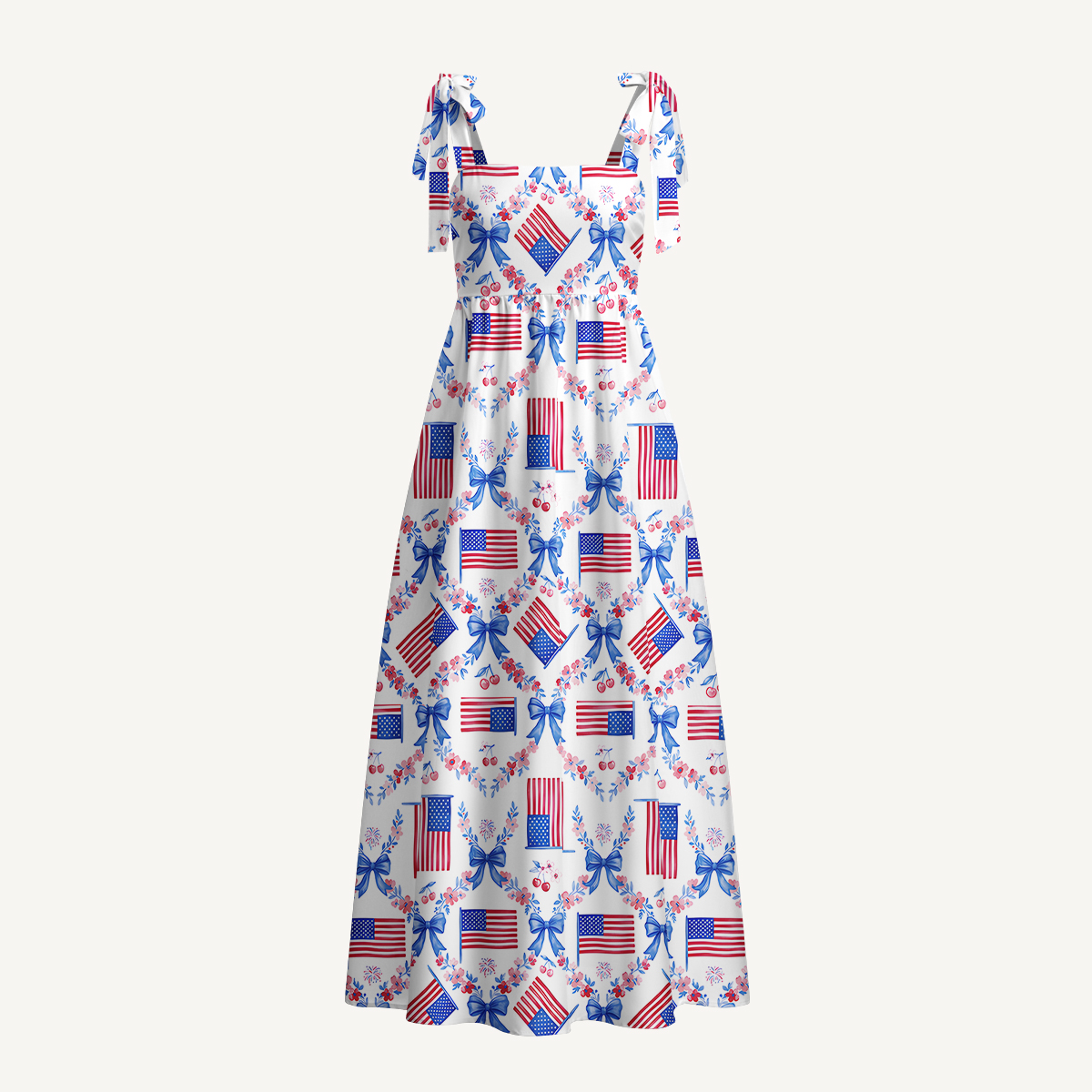 Patriotic Floral Print Bow Strap Maxi Dress