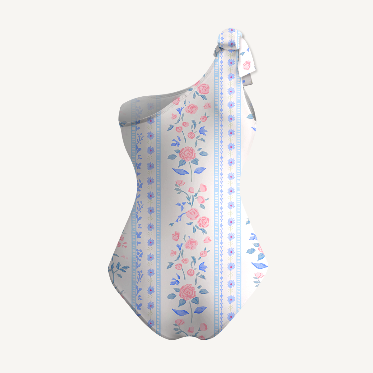 Blue Rose One Shoulder One Piece Swimsuit and Matching Sarong Set for Women