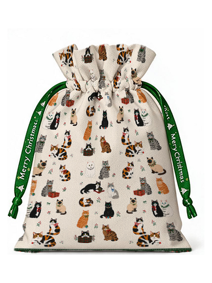 Sweet Festive Kitten Garden Reusable Christmas Drawstring Gift Bag