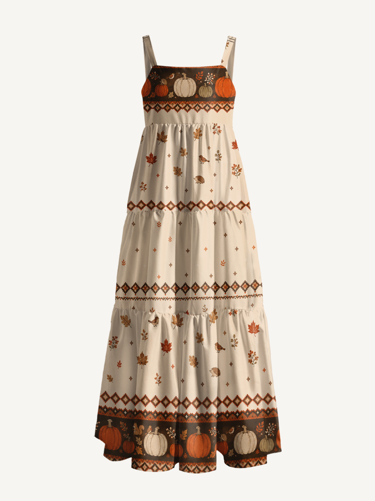 Woodland Pumpkin Harvest Print Wide Straps Maxi Dress With Pockets