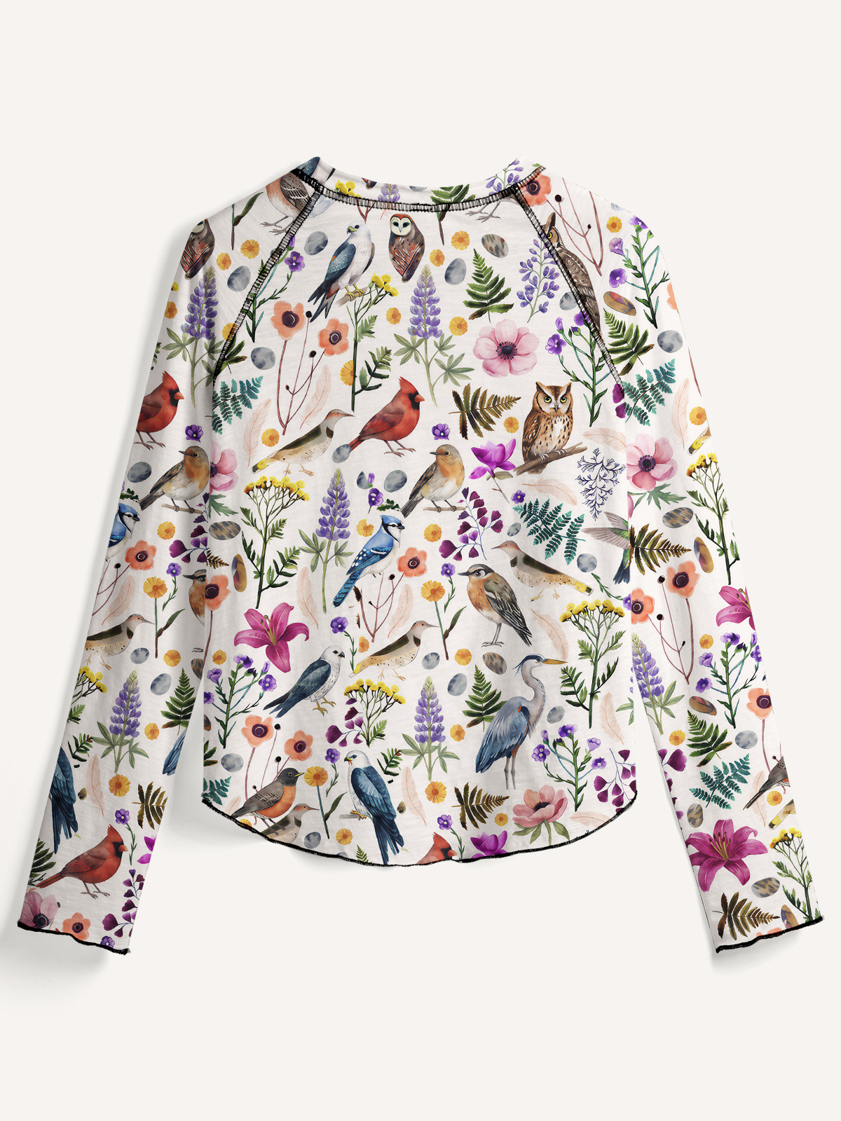 Whimsical Woodland Birds Wildflowers All-Over Print Cotton Raglan Long Sleeve Top