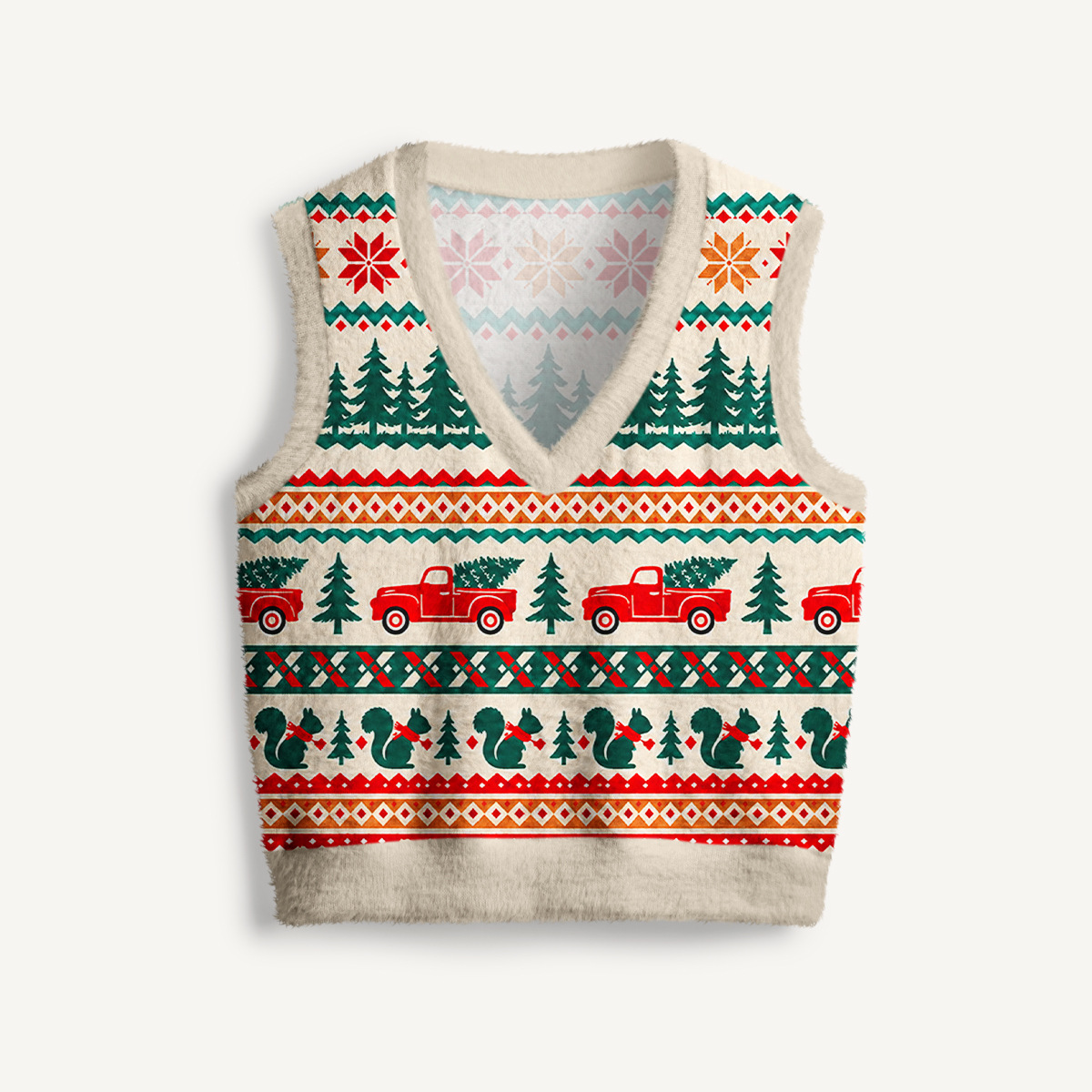 Vintage Red Truck Knit Print V-Neck Sweater Vest