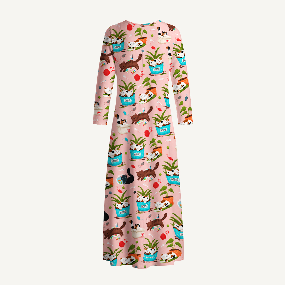 Cozy Cats, Plants & Yarn Print Soft-Touch Stretch Knit Long Sleeve Maxi Dress with Pockets