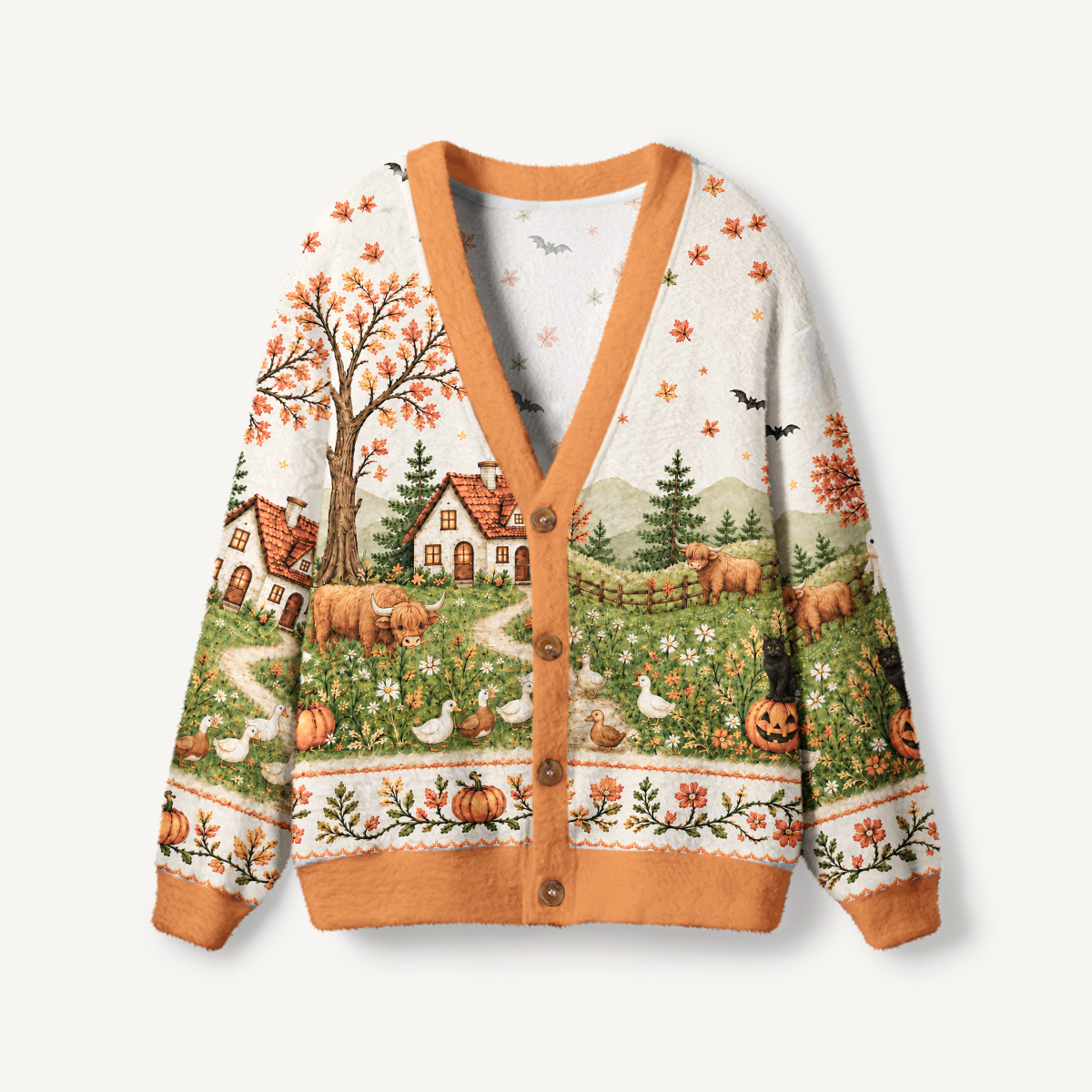 Autumn Pumpkin Pasture Print Halloween Ugly Cardigan Sweaters