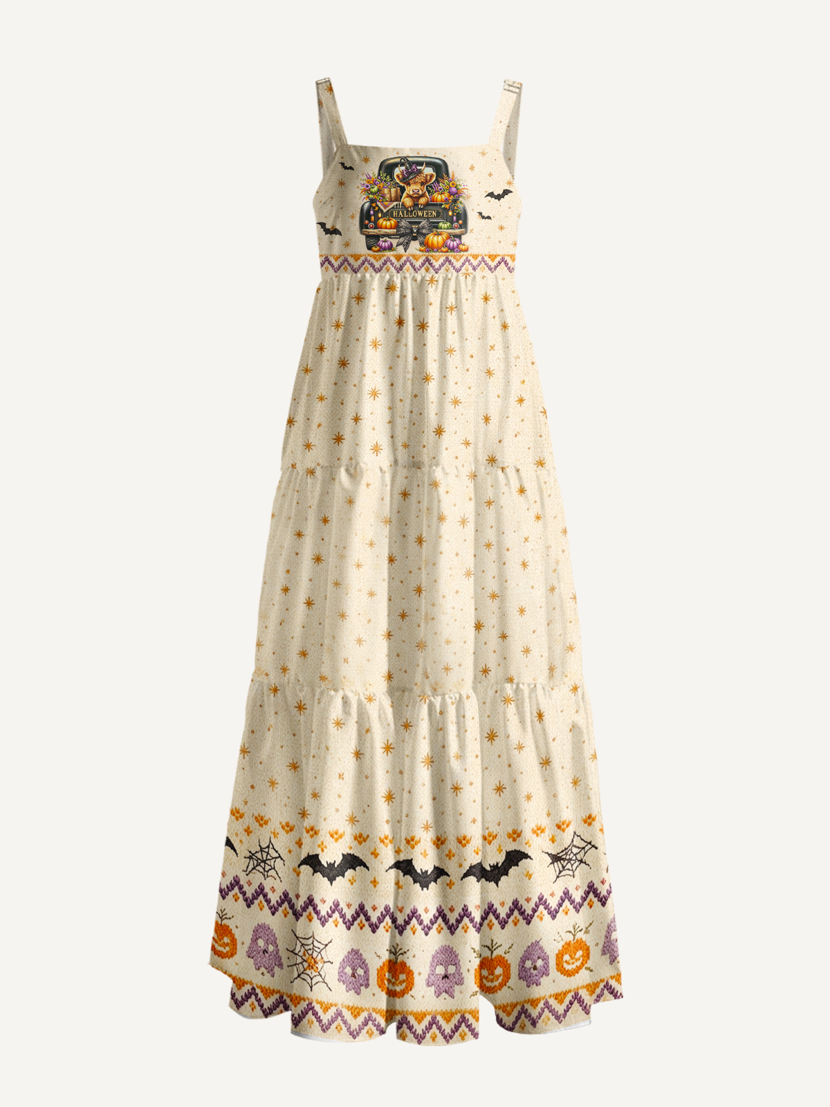 Cozy Halloween Farm Truck Print Wide Straps Maxi Dress With Pockets