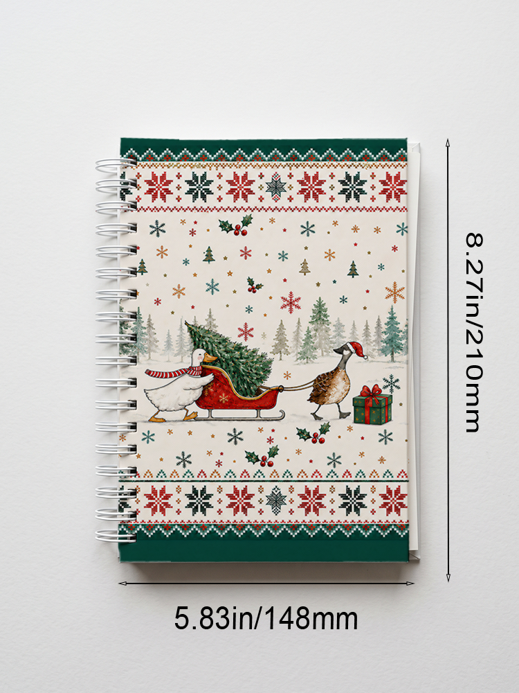 Christmas Duck Sleigh & Pine Tree Print A5 Spiral Notebook