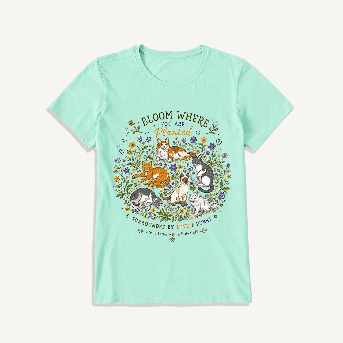 Blooming Cats & Wildflowers Print Crew Neck Cotton Tee