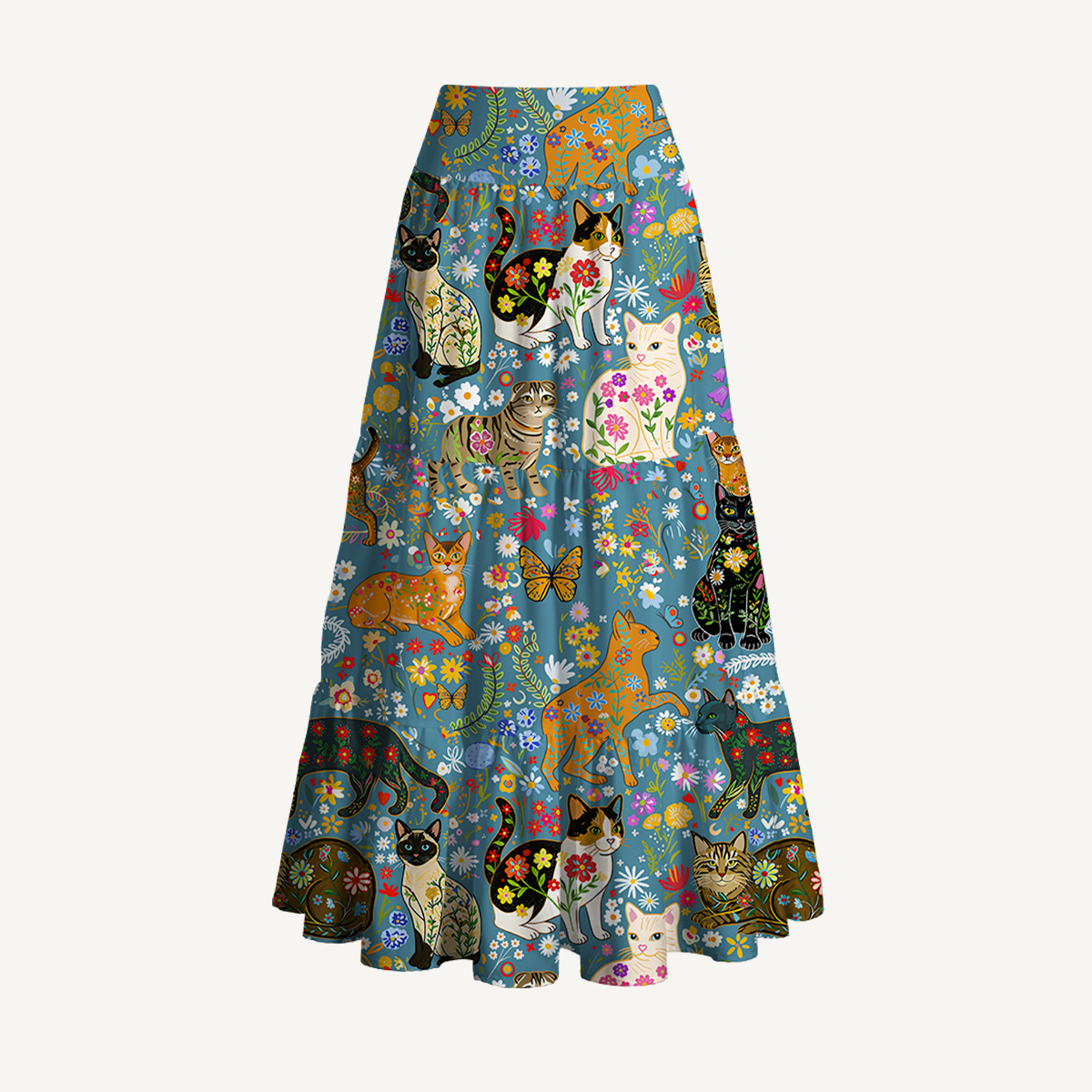 Colorful Garden Cat Print Convertible Maxi Skirt & Strapless Dress  