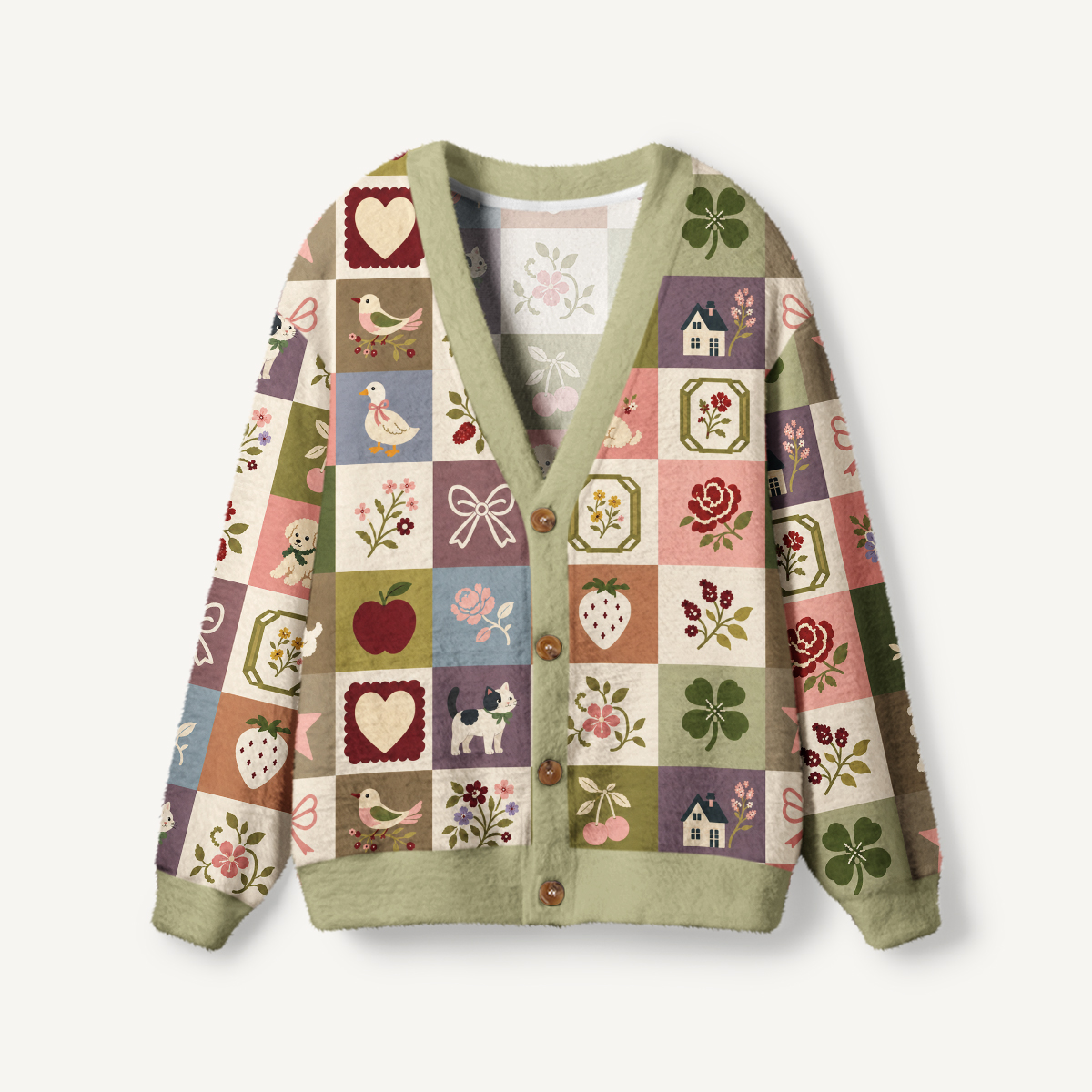 Cottage Friends Patchwork Print Ugly Cardigan Sweaters