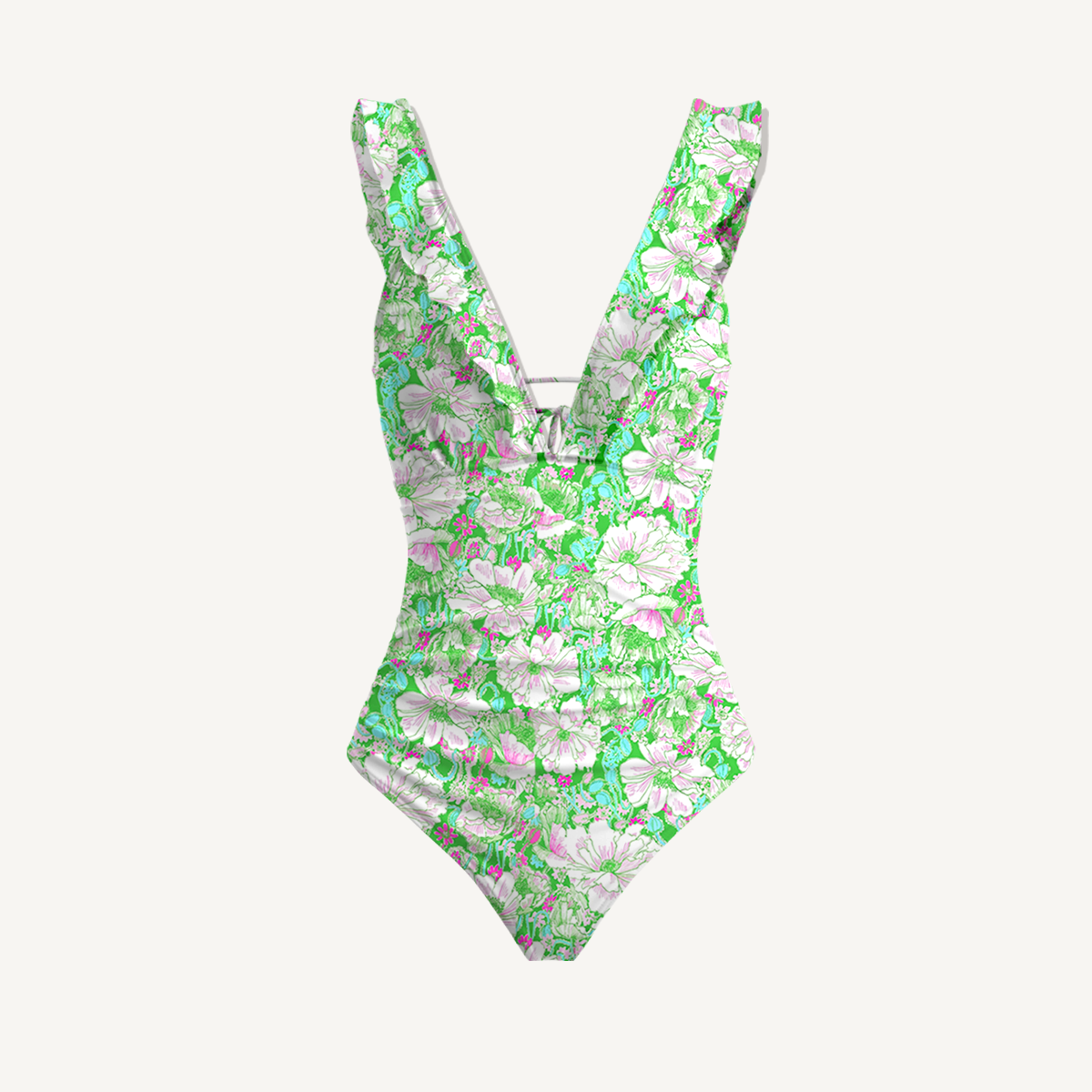 Mint Garden Ruffled V Neck One Piece Swimsuit and Matching Midi Skirt Set