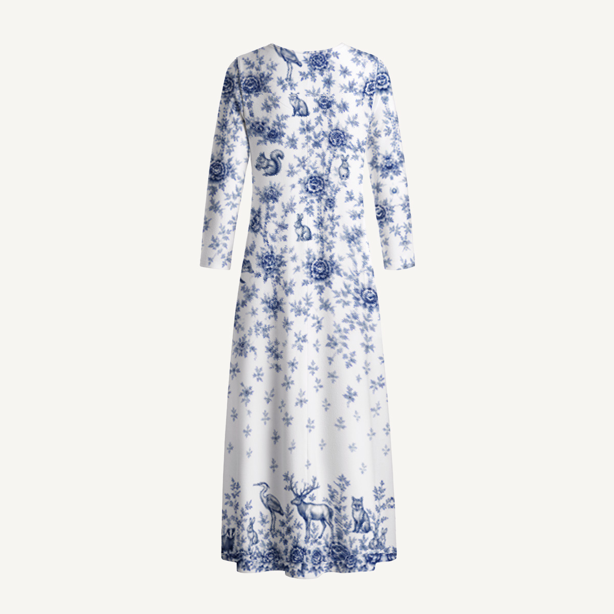 Delft Blue Woodland Story Print Soft-Touch Stretch Knit Long Sleeve Maxi Dress with Pockets