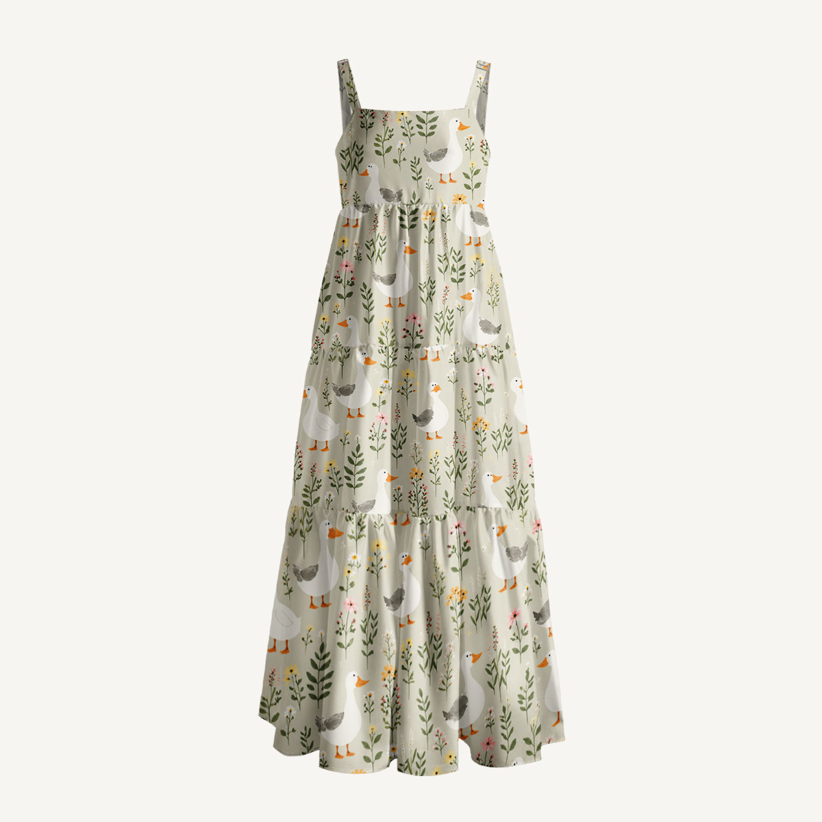 Cottagecore Duck Garden Print Wide Straps Maxi Dress With Pockets