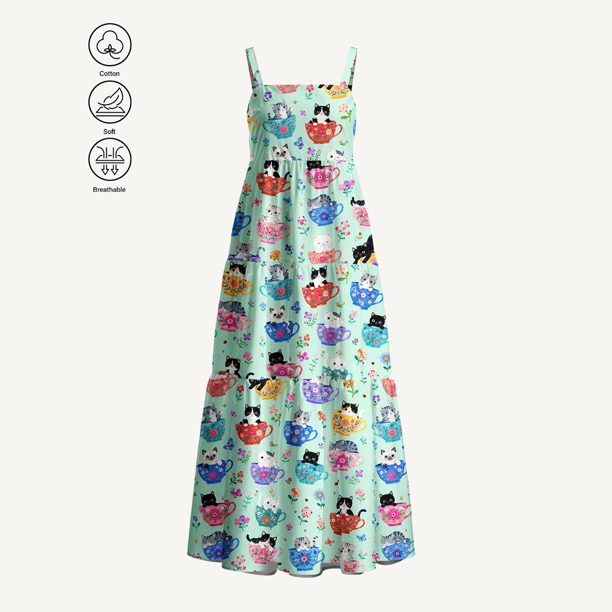 Cute Teacup Kitten Print Cotton Wide Straps Maxi Dress With Pockets
