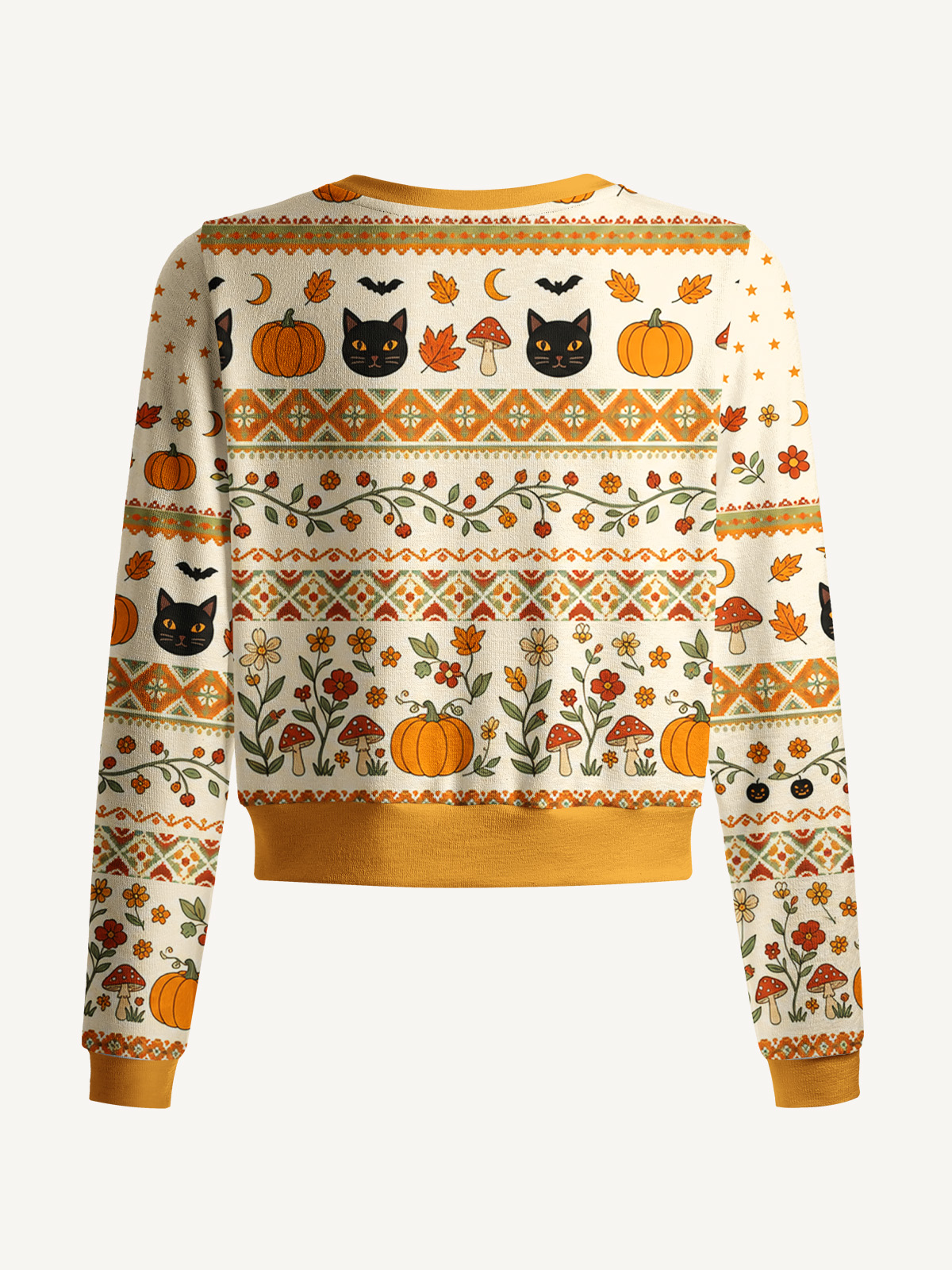 Lightweight Crew Neck Long‑Sleeve Cropped Autumn Fair Isle Pumpkin & Black Cat Print Fine‑Knit Cardigan