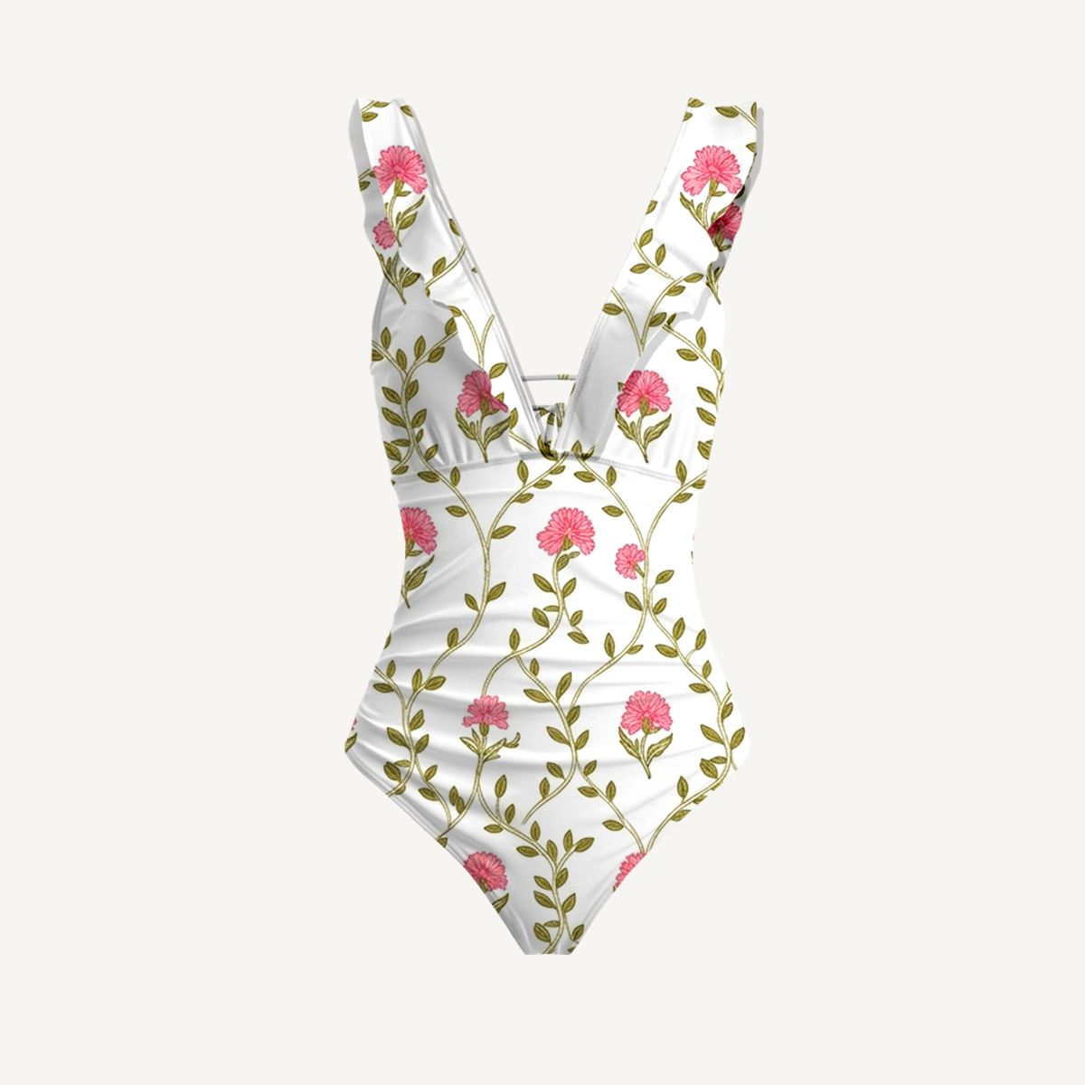Clover Vine Whisper Ruffled V Neck One Piece Swimsuit and Matching Midi Skirt Set