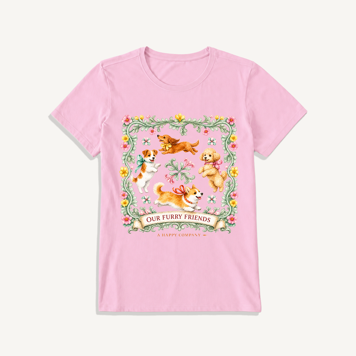 Playful Furry Friends Print Crew Neck Cotton Tee