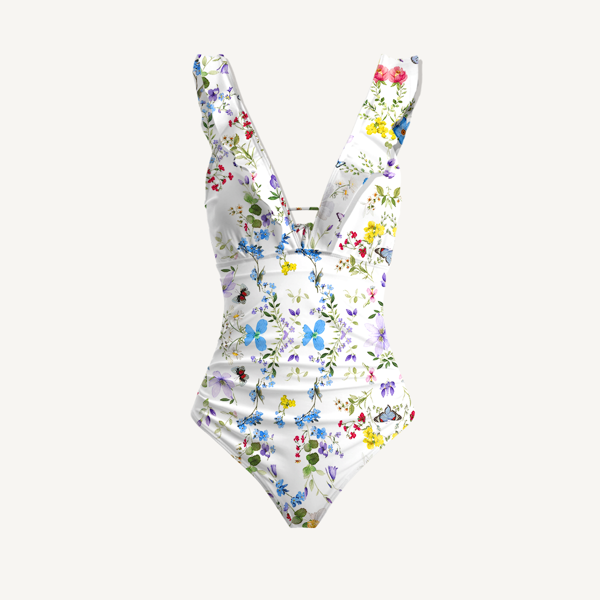 Butterfly Trail Ruffled V Neck One Piece Swimsuit and Matching Midi Skirt Set