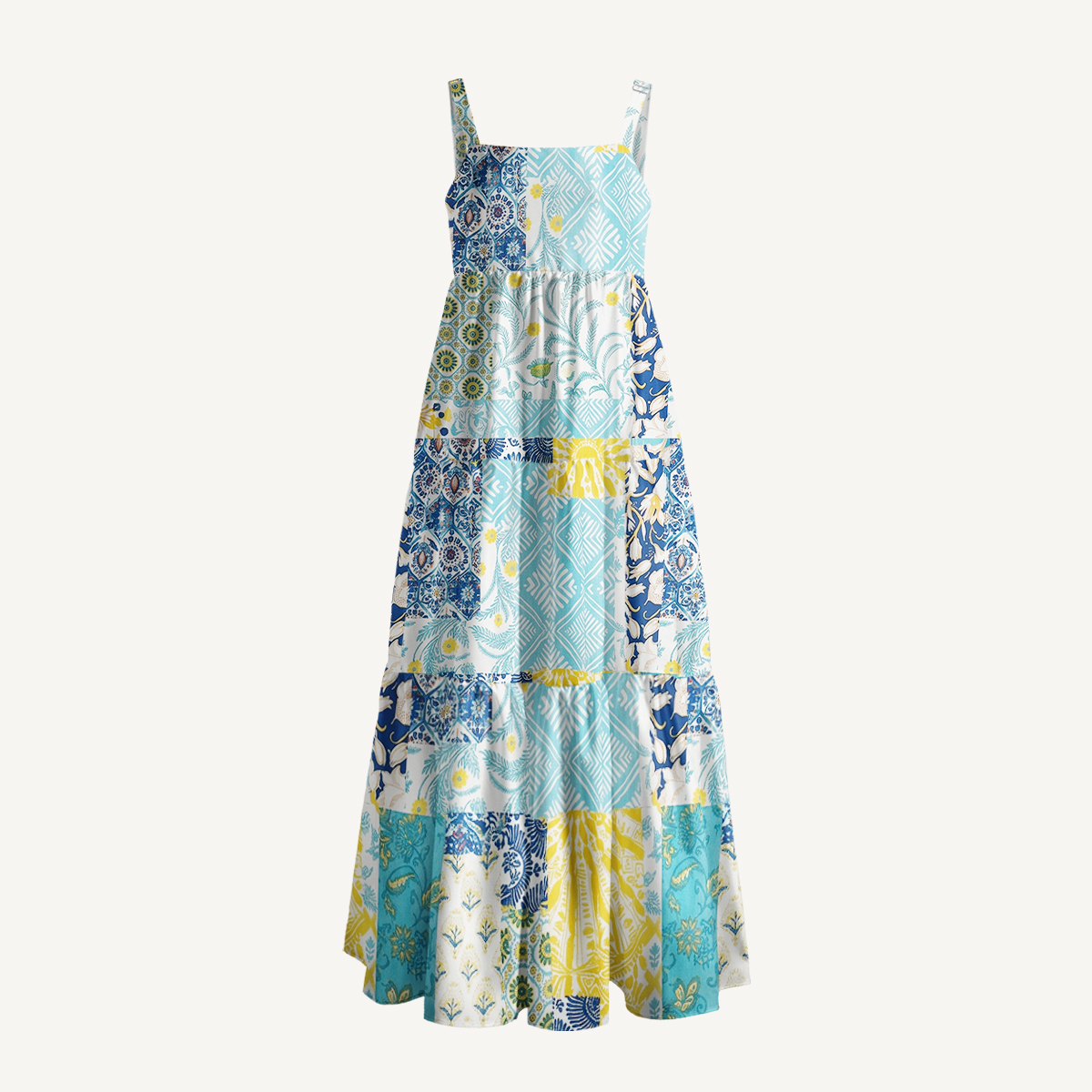 Boho Tile Patchwork Print Wide Straps Maxi Dress With Pockets