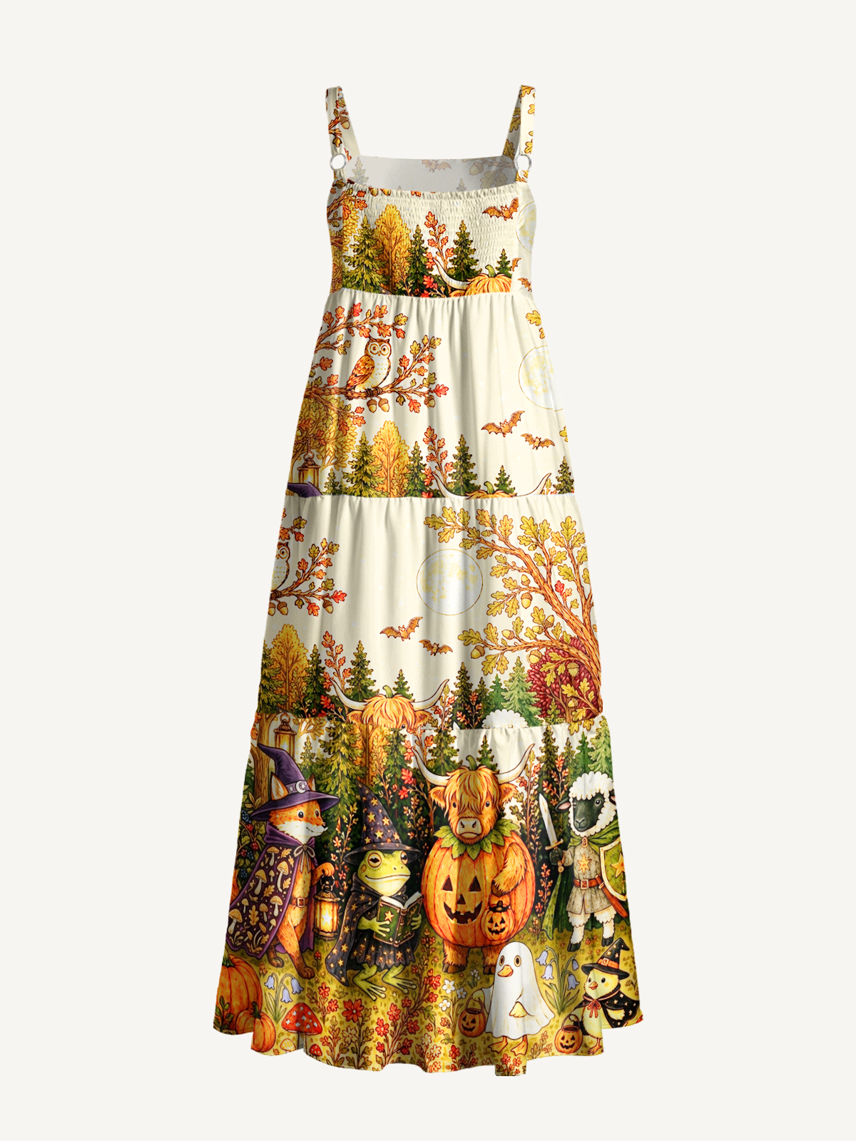 Halloween Pumpkin Fairy Forest Print Wide Straps Maxi Dress With Pockets