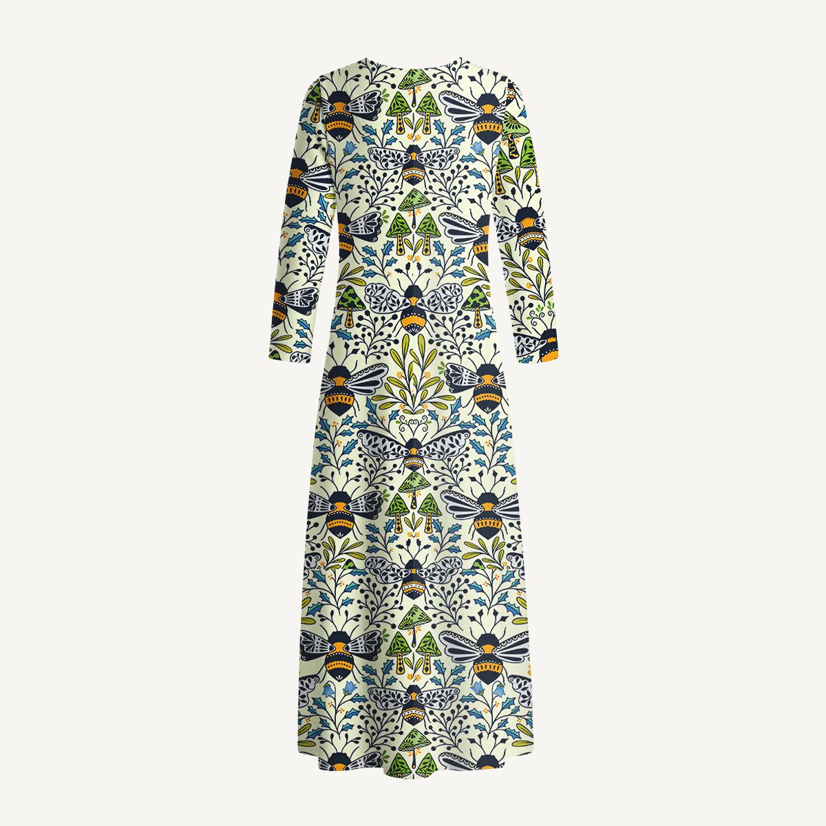 Botanical Bee Garden Print Soft-Touch Stretch Knit Long Sleeve Maxi Dress with Pockets