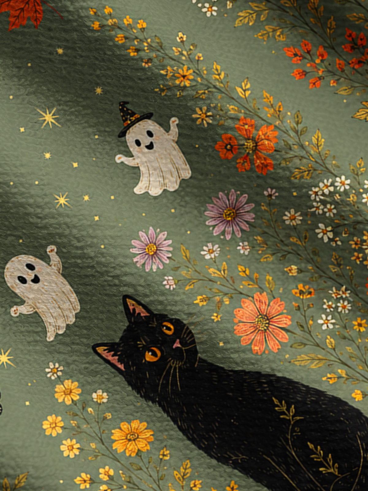 Lightweight Crew Neck Long‑Sleeve Cropped Twilight Pumpkin Garden Black Cat Print Fine‑Knit Cardigan
