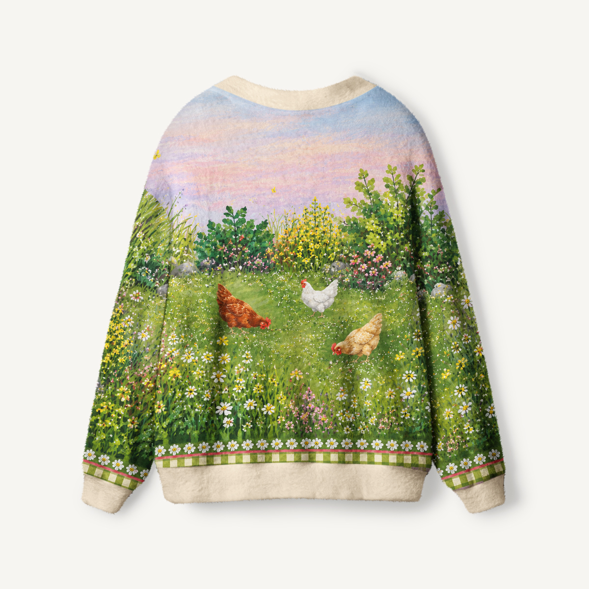 Blooming Hen Garden Print Ugly Cardigan Sweaters