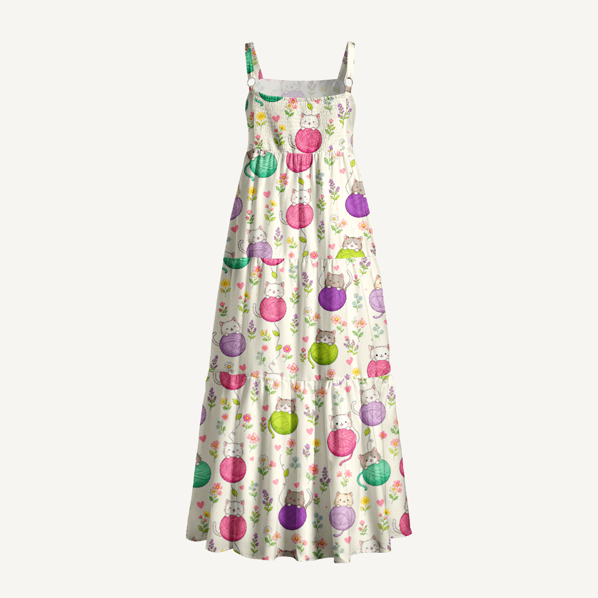 Cat Yarn Ball Print Wide Straps Maxi Dress With Pockets