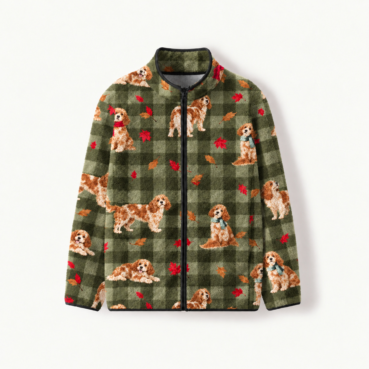 Green Plaid Dog Print Fleece Jacket