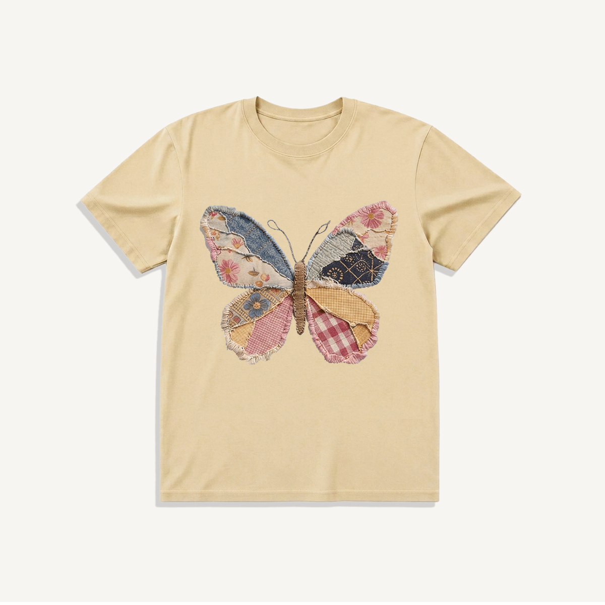 Quilt Patch Butterfly Print Crew Neck Cotton Tee