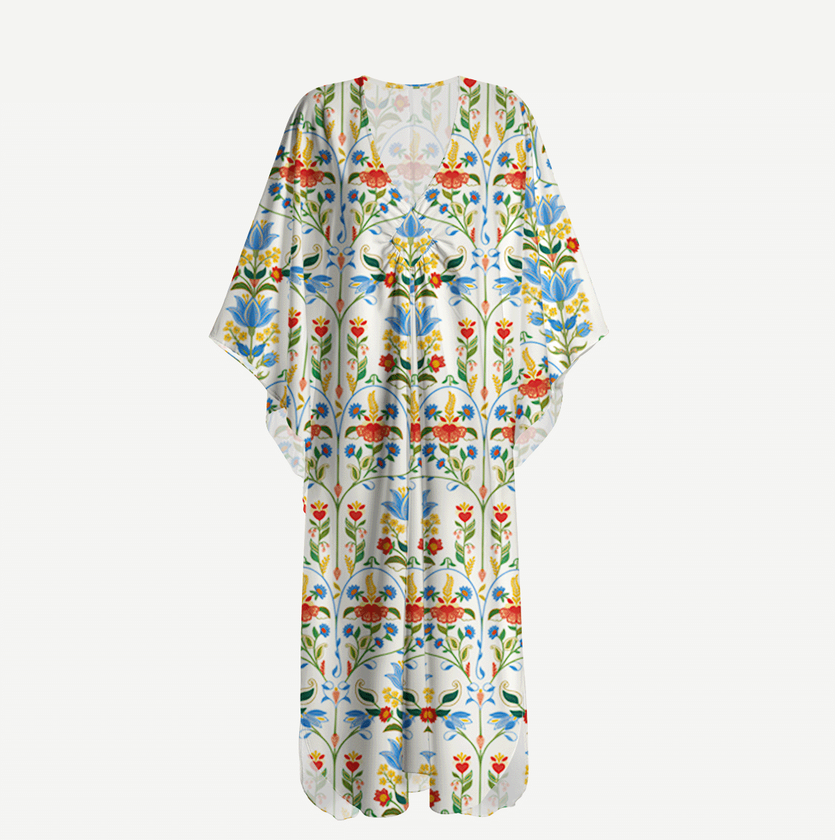 V‑Neck Folk Bloom Kimono Sleeve Kaftan Dress