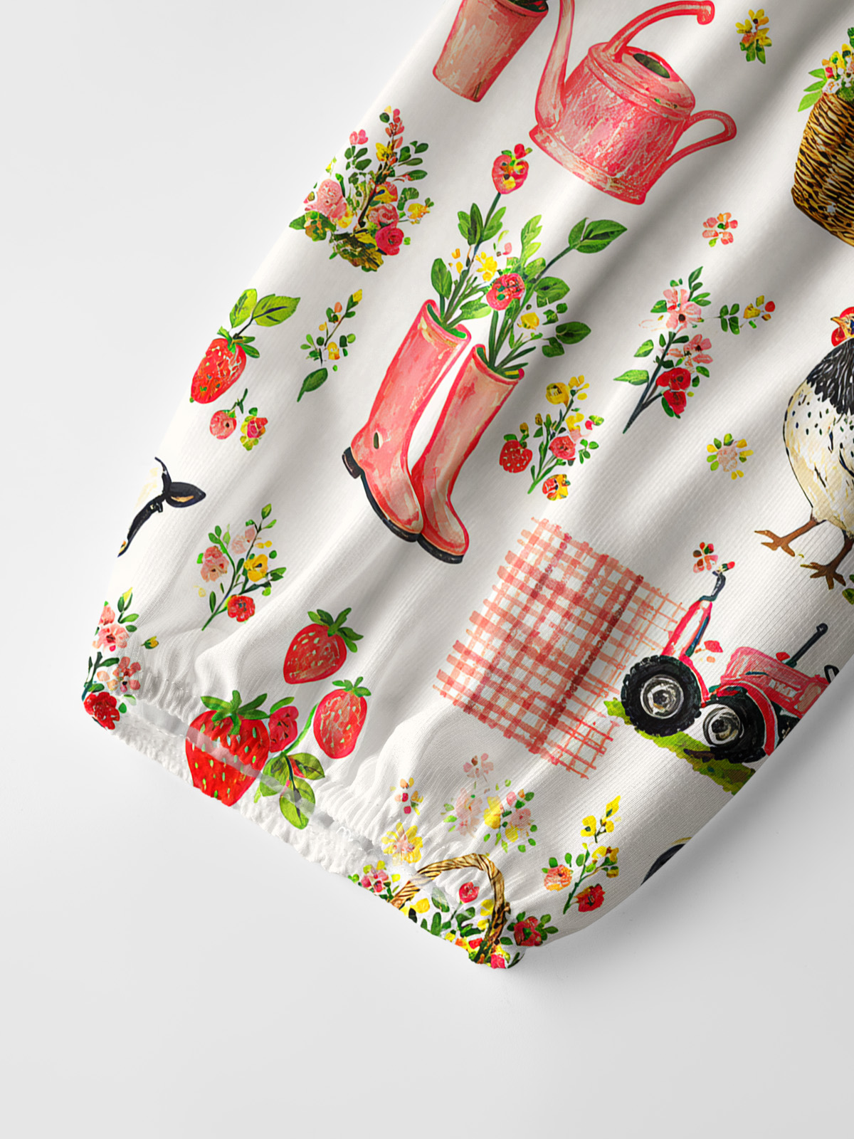 Watercolor Pink Farm Chicken Cow Print Boho Long Sleeve Tie‑Neck Blouse