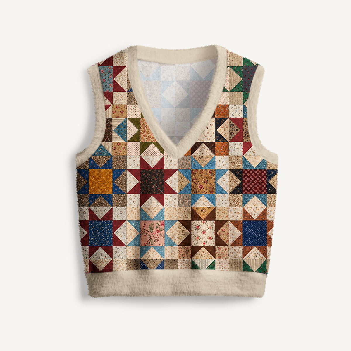 Floral Prairie Patchwork Print V-Neck Sweater Vest