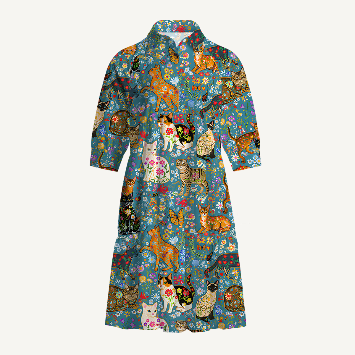 V Neck Collared Colorful Garden Cat Mini Dress For Women With Pockets