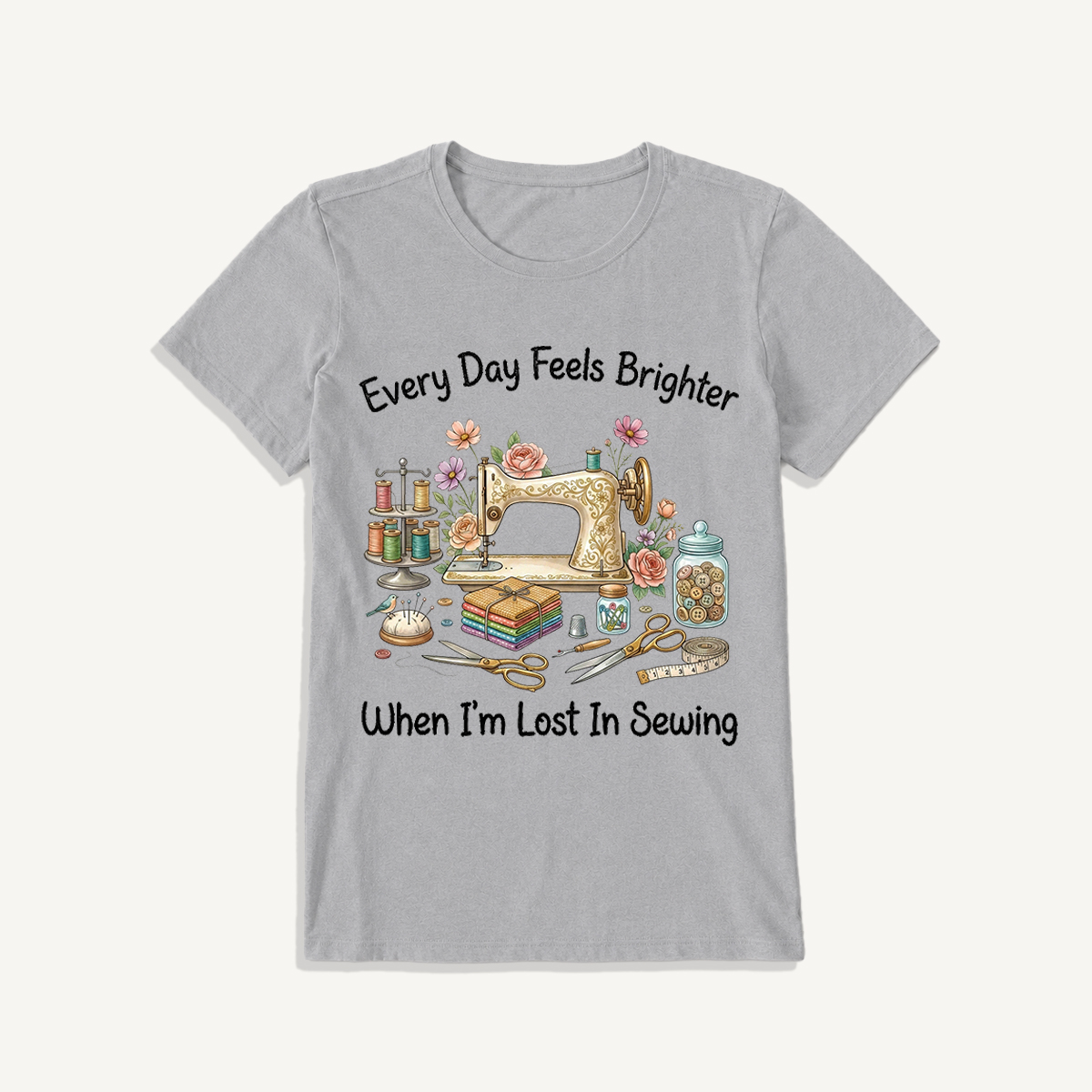 Lost in Sewing Joy Print Crew Neck Cotton Tee