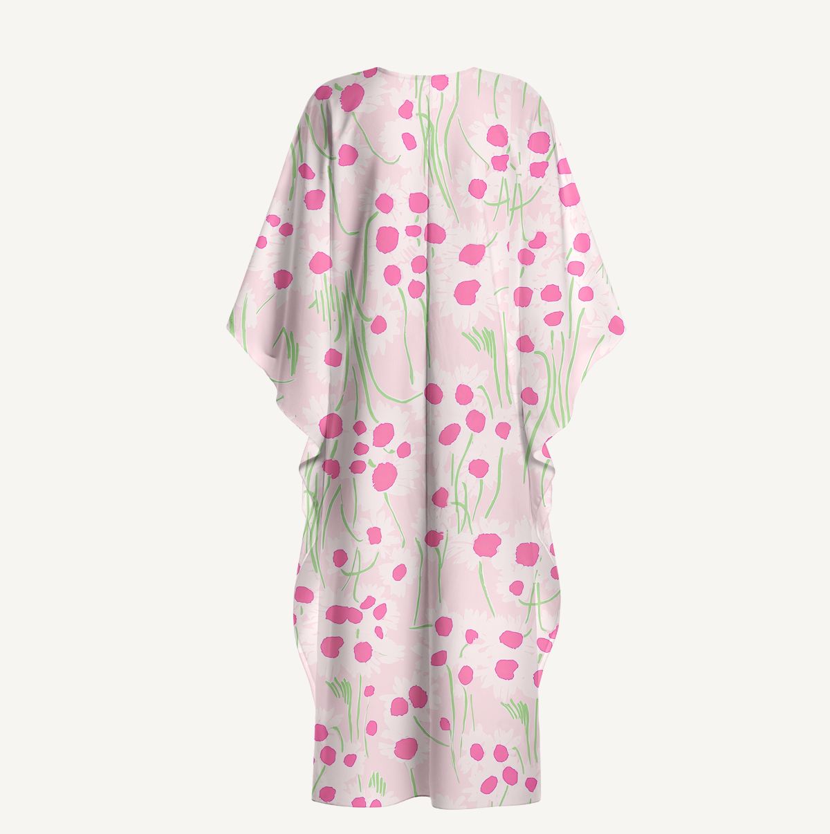  V‑Neck Pink Daisy Kimono Sleeve Kaftan Dress