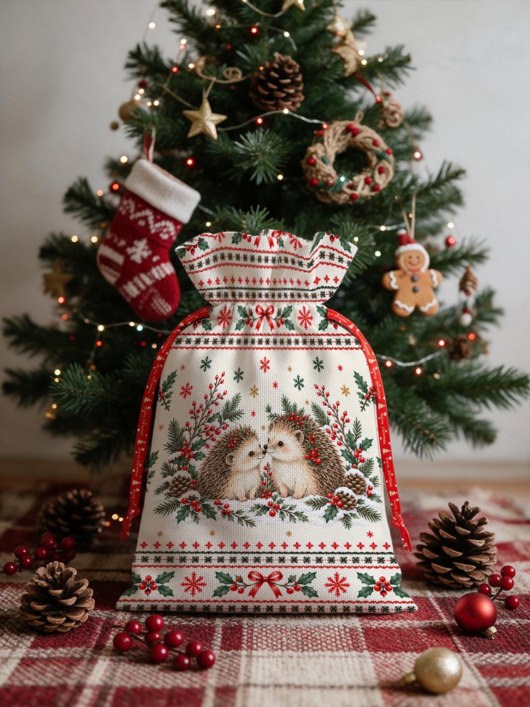Cozy Christmas Hedgehogs Reusable Drawstring Gift Bag