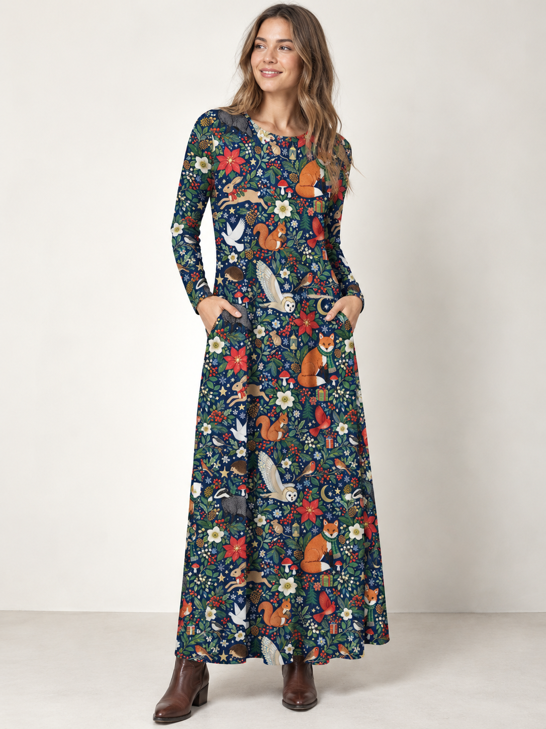 Enchanted Christmas Forest Friends Print Soft-Touch Stretch Knit Long Sleeve Maxi Dress with Pockets