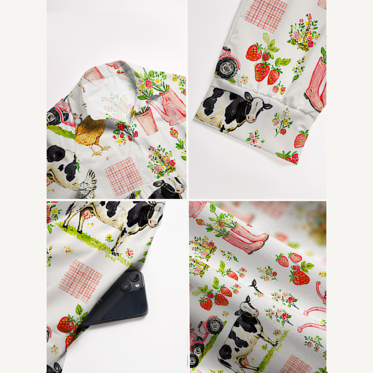 Watercolor Pink Farm Chicken Print Casual Midi Dress With Pockets
